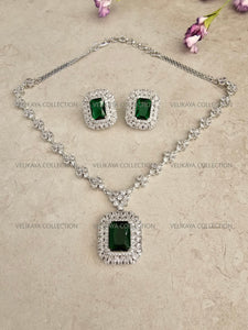 Helena CZ Diamond Emerald Green Pendant Necklace Set