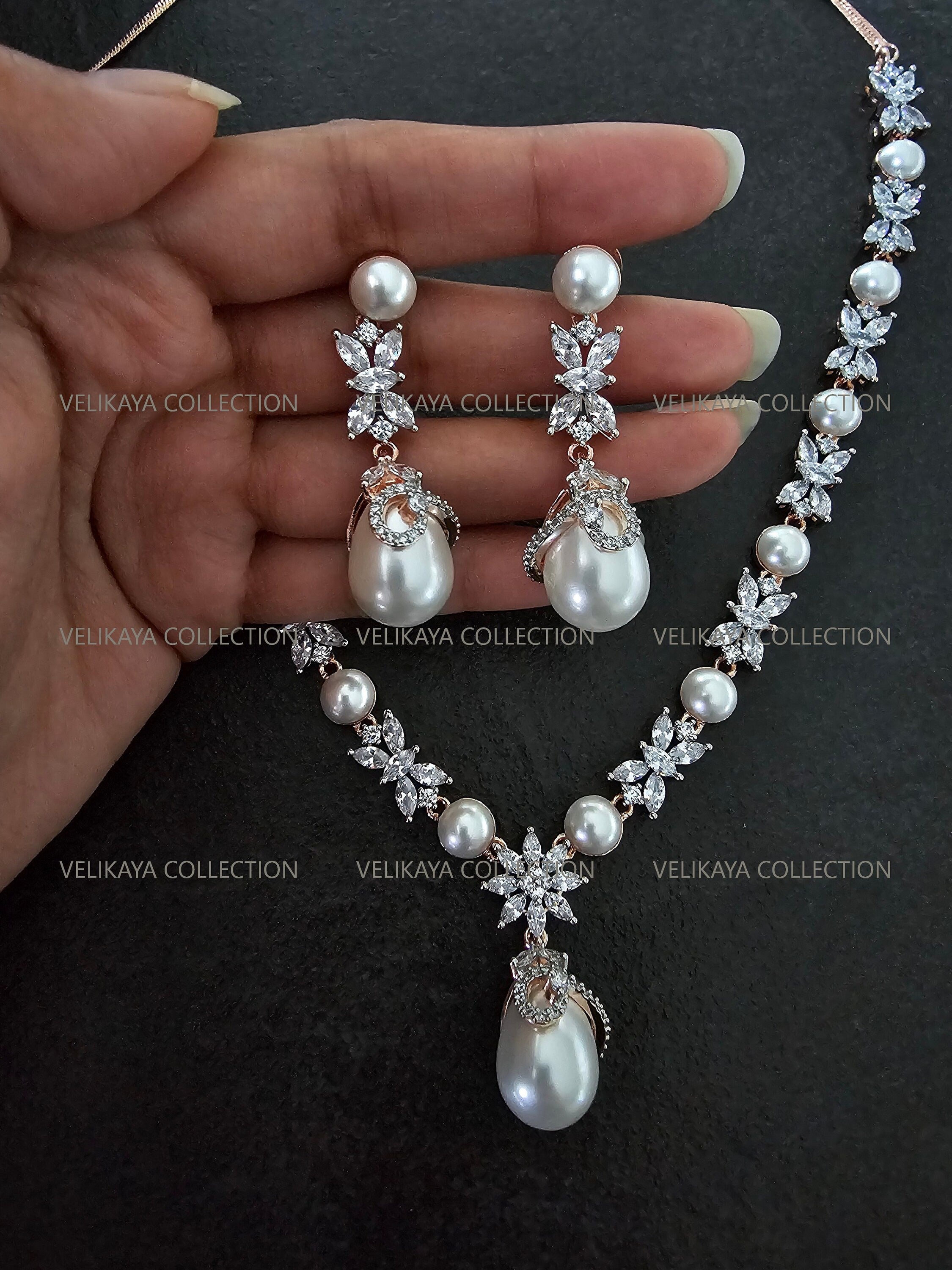 Rose Gold Plated Crystal & Pearl Necklace