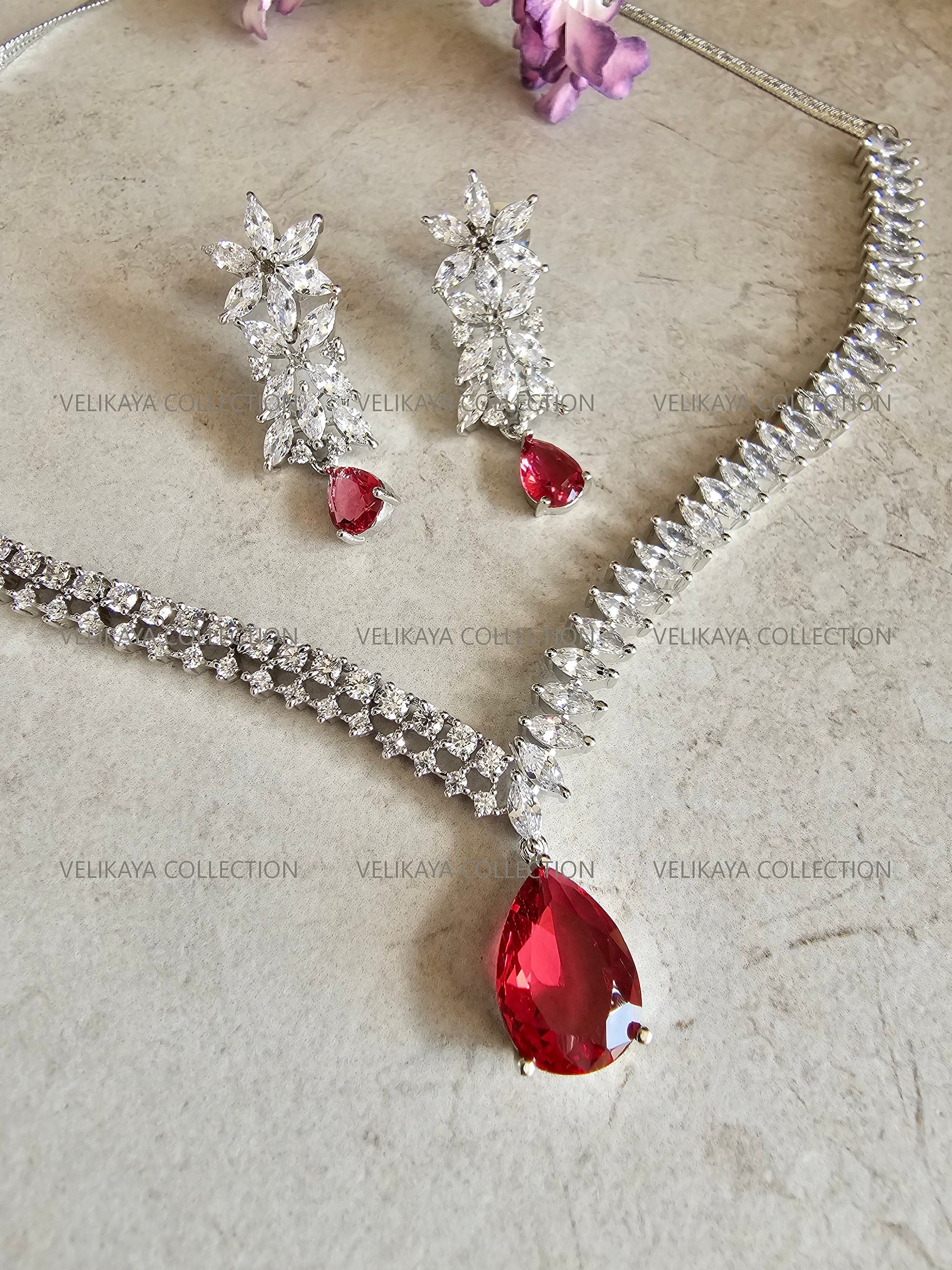 Niki CZ Diamond Wedding Necklace Set in Ruby Red