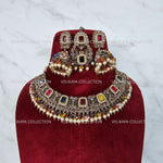 Load image into Gallery viewer, Gold necklace set with chandbali earrings and tikka. Polki choker necklace set. Indian wedding jewelry. Pakistani wedding jewelry. Bollywood necklace set. Punjabi jewelry set. Kundan necklace jhumka. Antique gold-plated necklace. Champagne stones.
