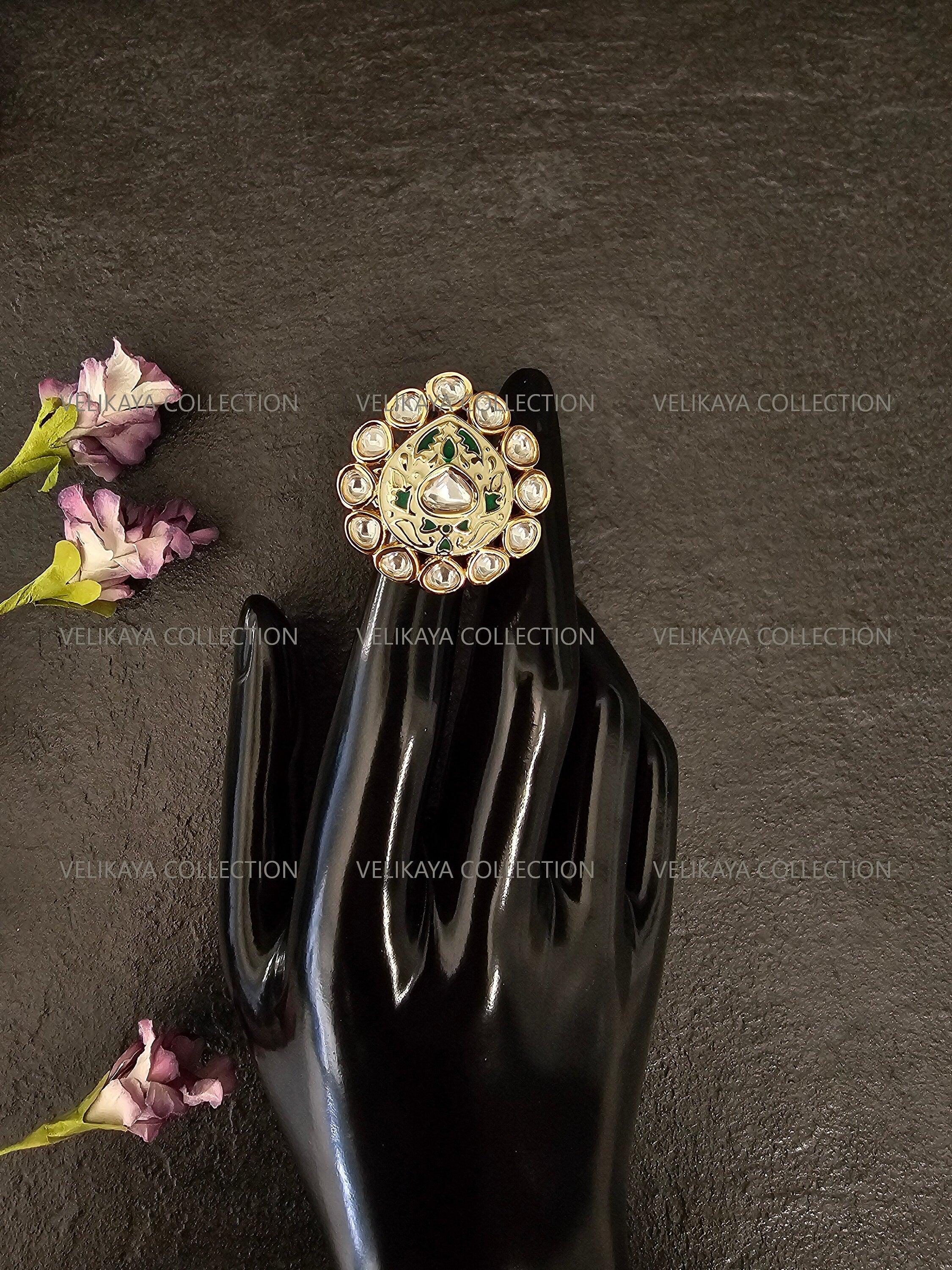 Meenakari Kundan Ring - Green White