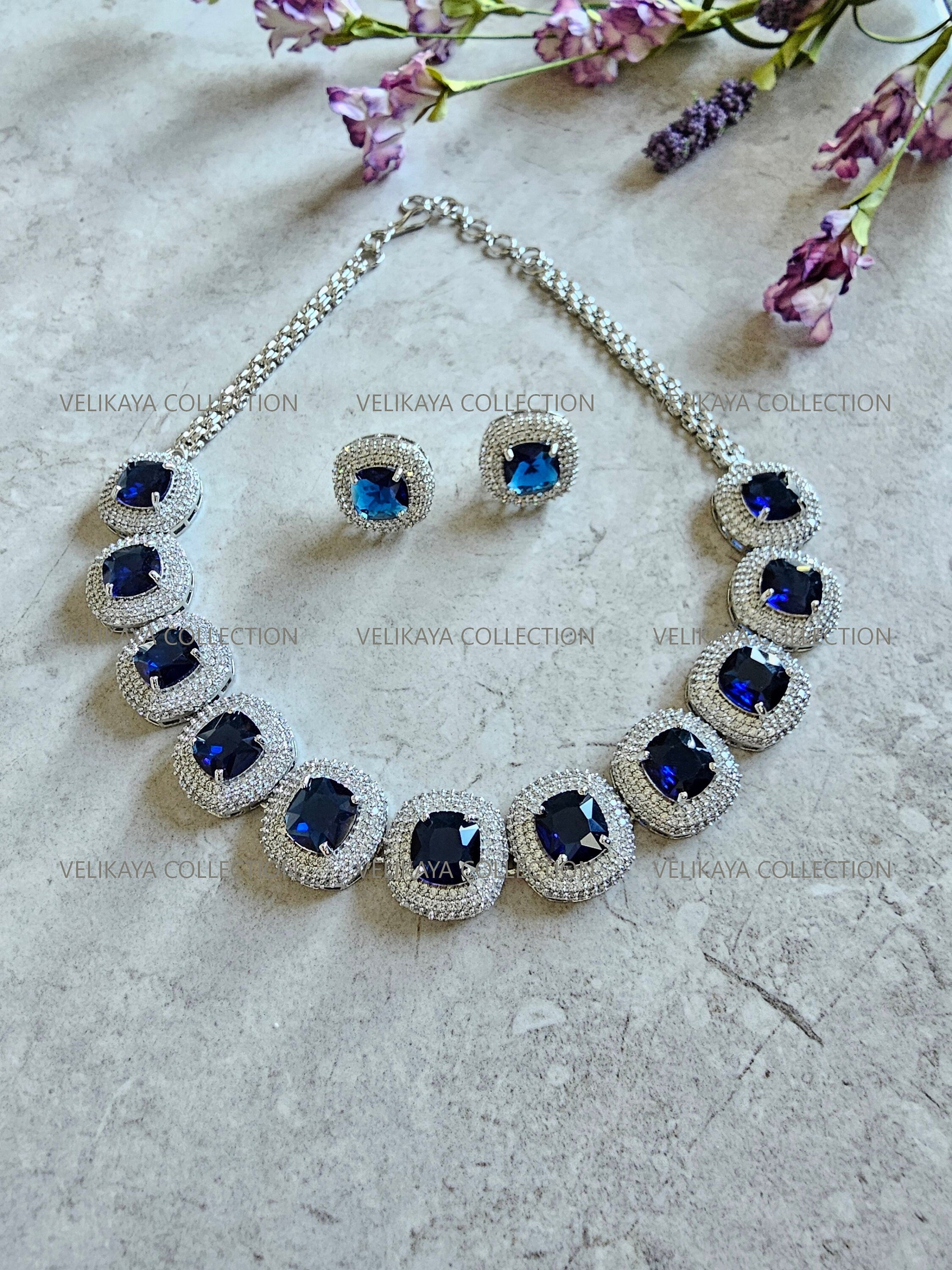 Milleni Sapphire Blue CZ Diamond Necklace Set