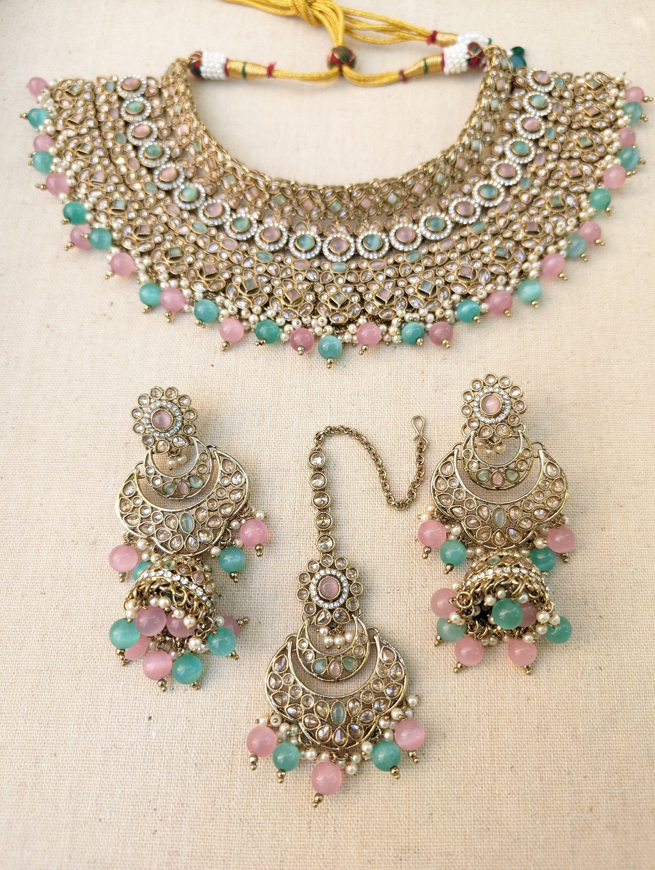 Nysa Pink Mint Bridal Necklace Jhumka Earrings Tikka