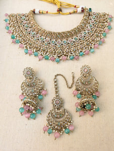 Nysa Pink Mint Bridal Necklace Jhumka Earrings Tikka