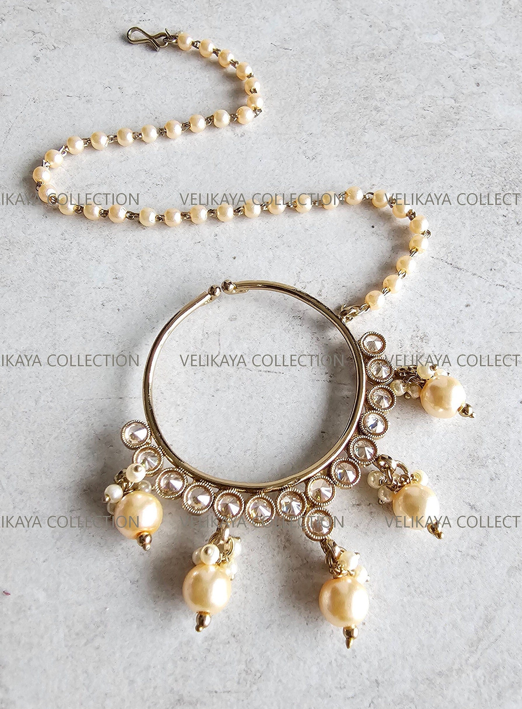 Antique Gold Nose Ring with Pearl Chain