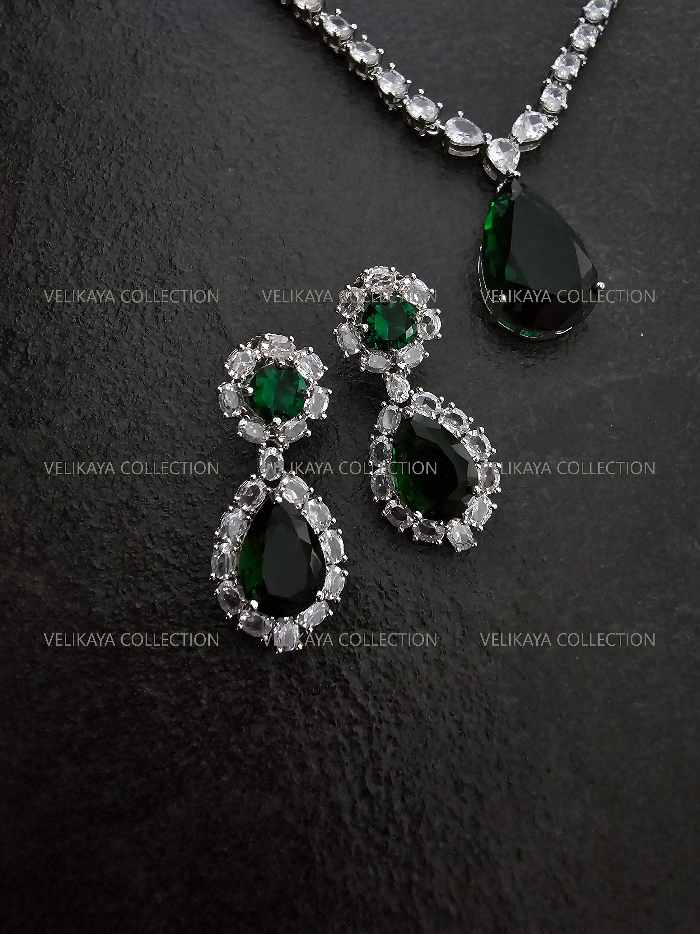 Mila Emerald Green Pendant CZ Diamond Necklace Set