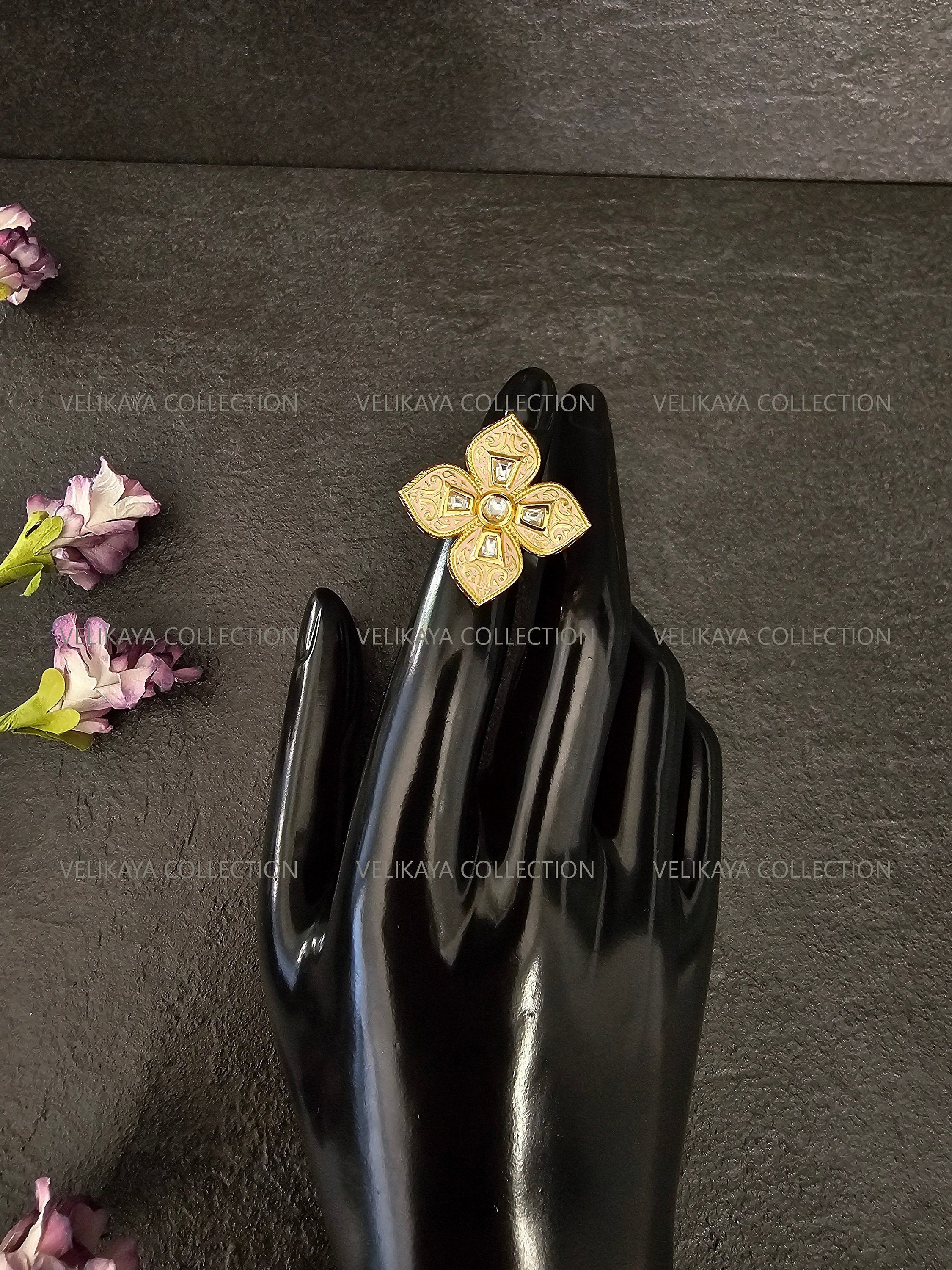 Pink Flower Kundan Ring