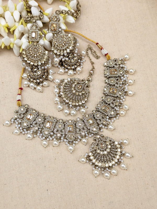 Victorian Pearl Choker Necklace & Jhumke with Ear Chain