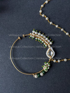 Gold Plated Kundan Nose Ring with Pearl Chain