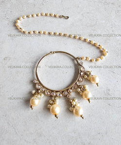 Champagne Polki Nose Ring with Pearl Chain