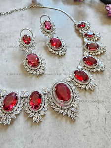 Victorian Ruby Oval Halo Necklace & Earrings