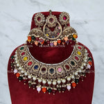 Load image into Gallery viewer, Gold necklace set with chandbali earrings and tikka. Polki choker necklace set. Indian wedding jewelry. Pakistani wedding jewelry. Bollywood necklace set. Punjabi jewelry set. Kundan necklace jhumka. Antique gold-plated necklace. Champagne stones.
