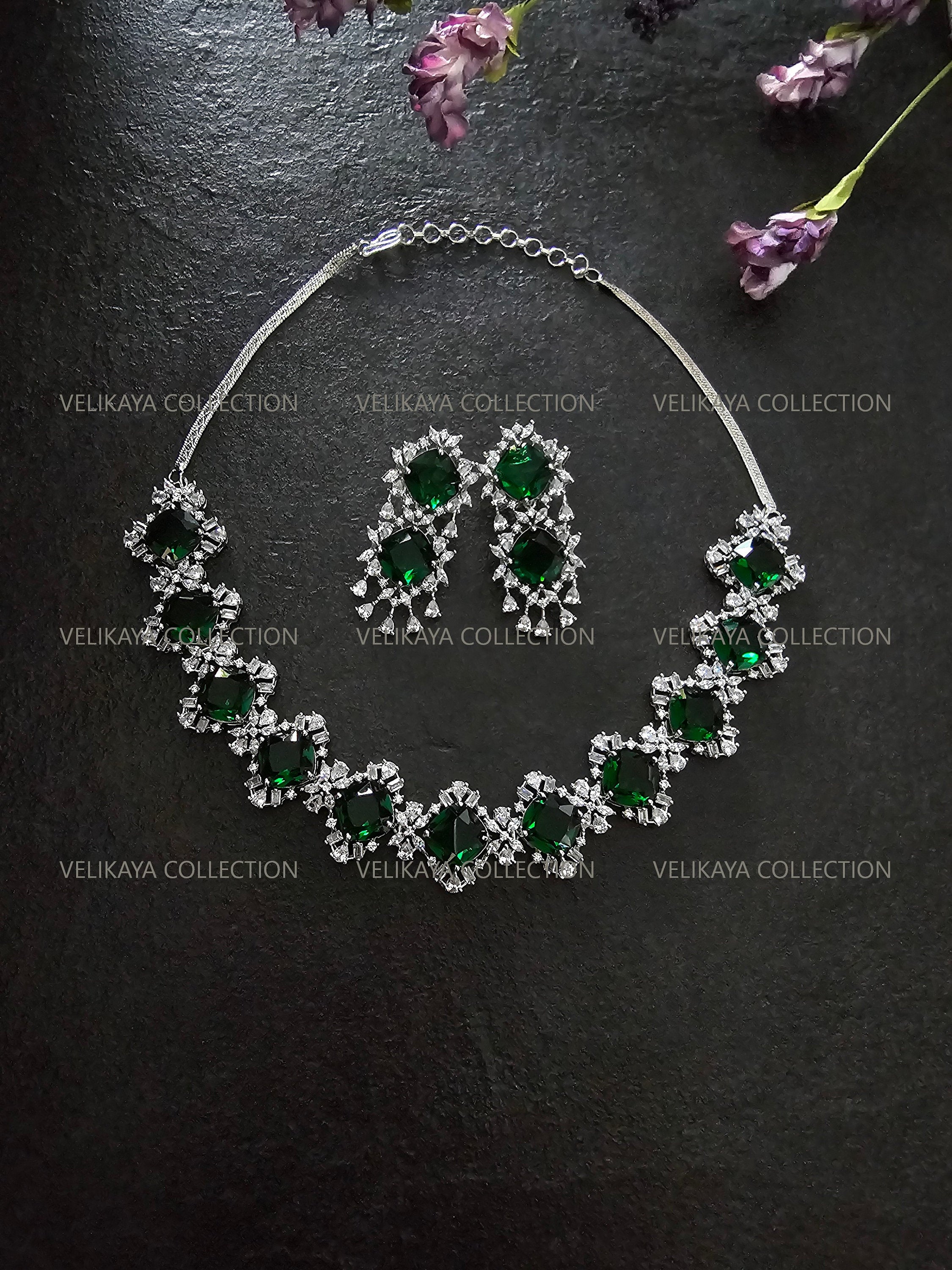 Victorian Emerald Halo Necklace & Earrings Set