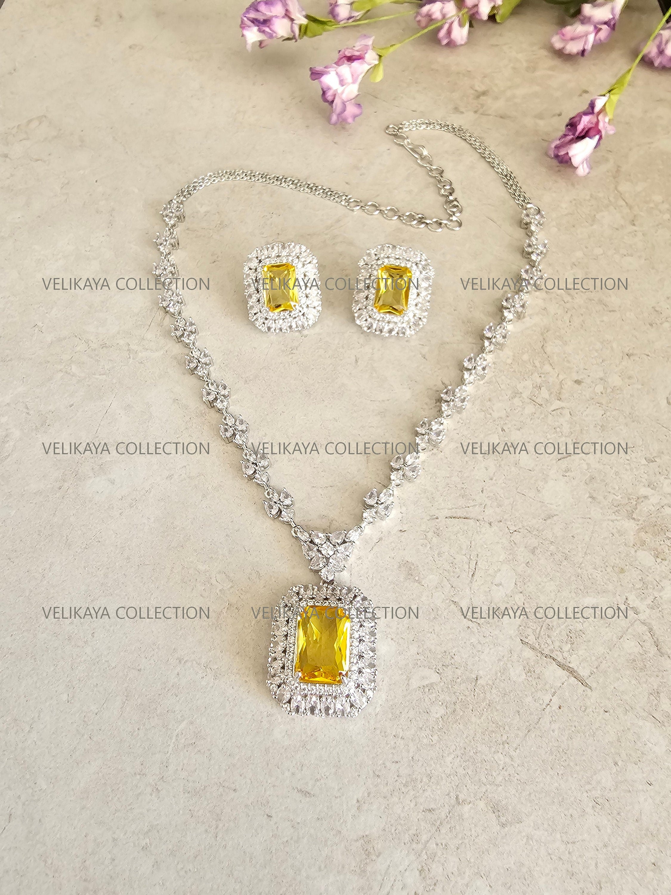 Helena CZ Diamond Yellow Pendant Necklace Set