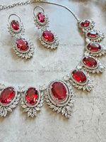 Load image into Gallery viewer, Victorian Ruby Halo Necklace &amp; Earrings Set. Indian Jewelry. Swarovski Jewelry. Swarovski necklace set. Statement earrings. Swarovski Crystal Necklace Earrings.
