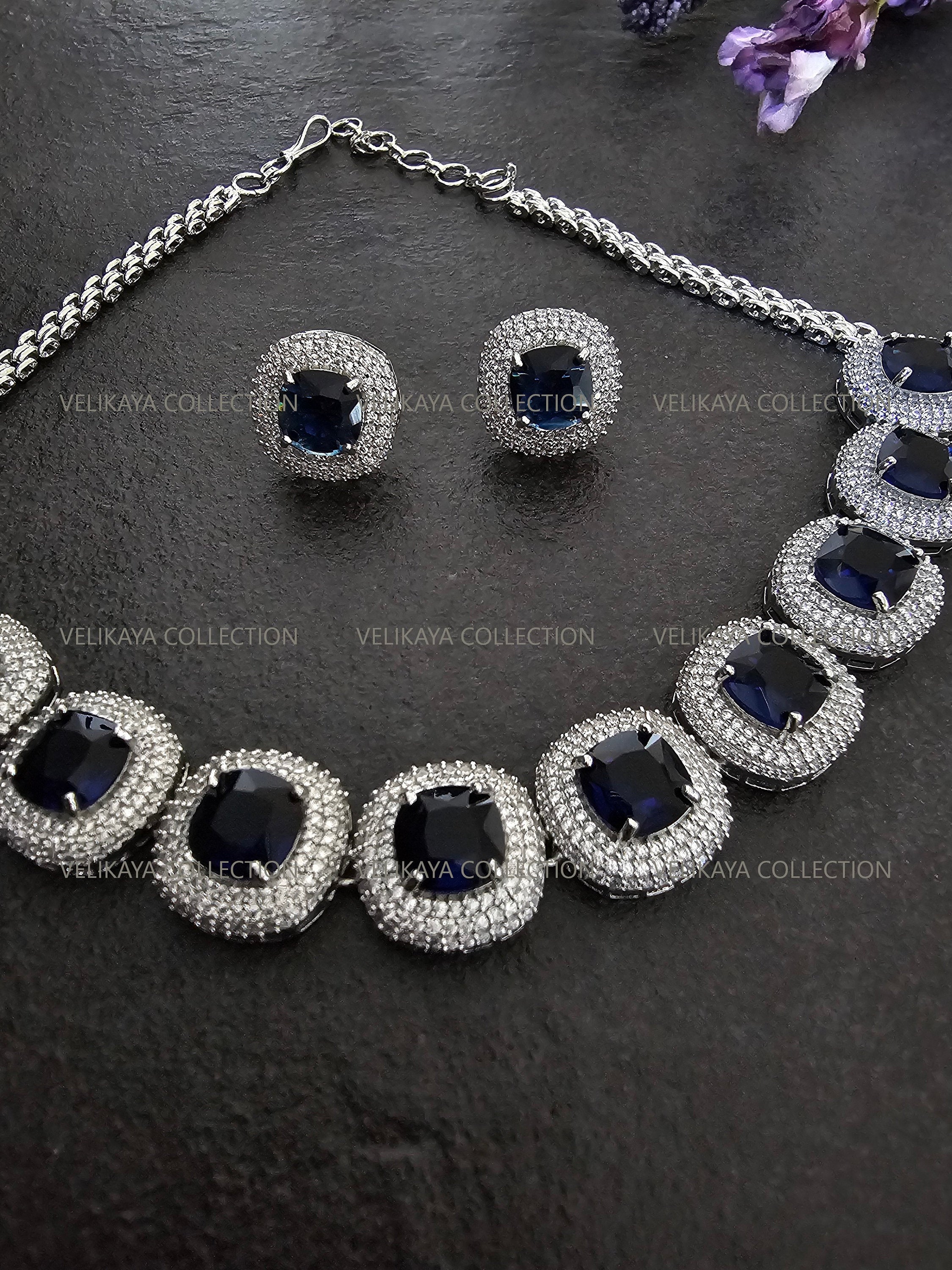 Milleni Sapphire Blue CZ Diamond Necklace Set