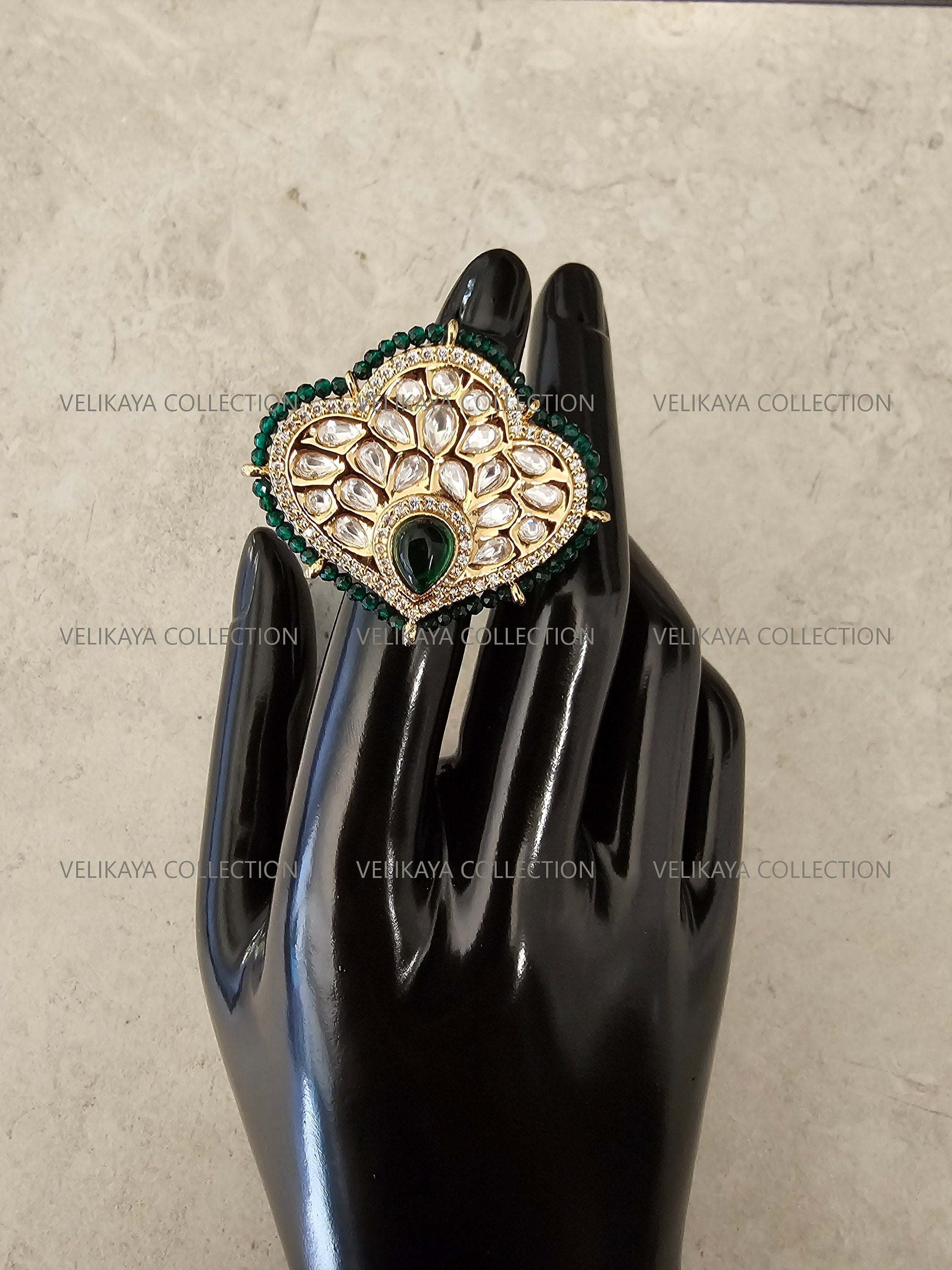 Kundan Ring with Emerald Green Beads