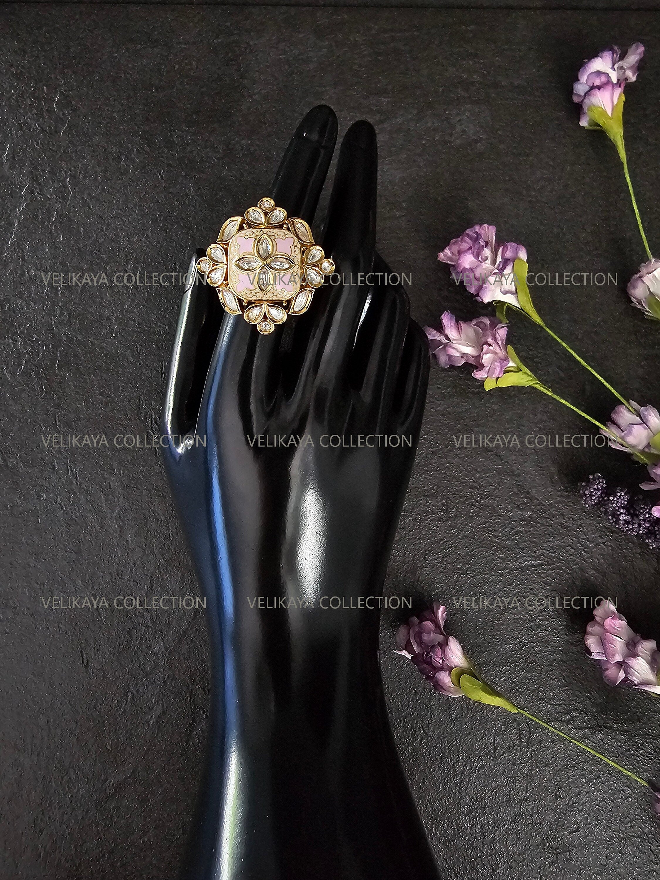 Meenakari Kundan Ring - Gold Pink