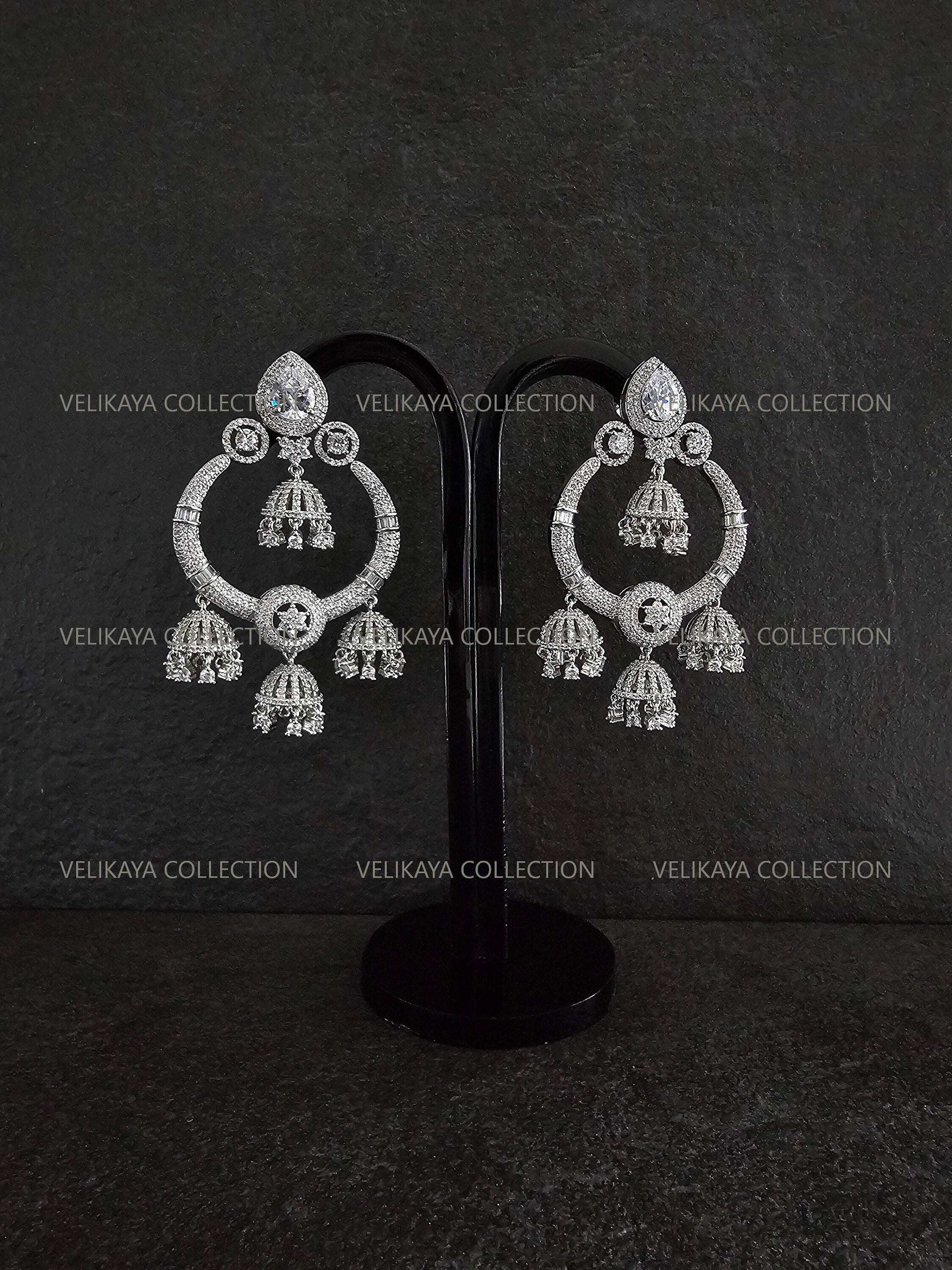 CZ Diamond Chaandbali Jhumka in Silver