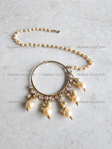 Champagne Polki Nose Ring with Pearl Chain