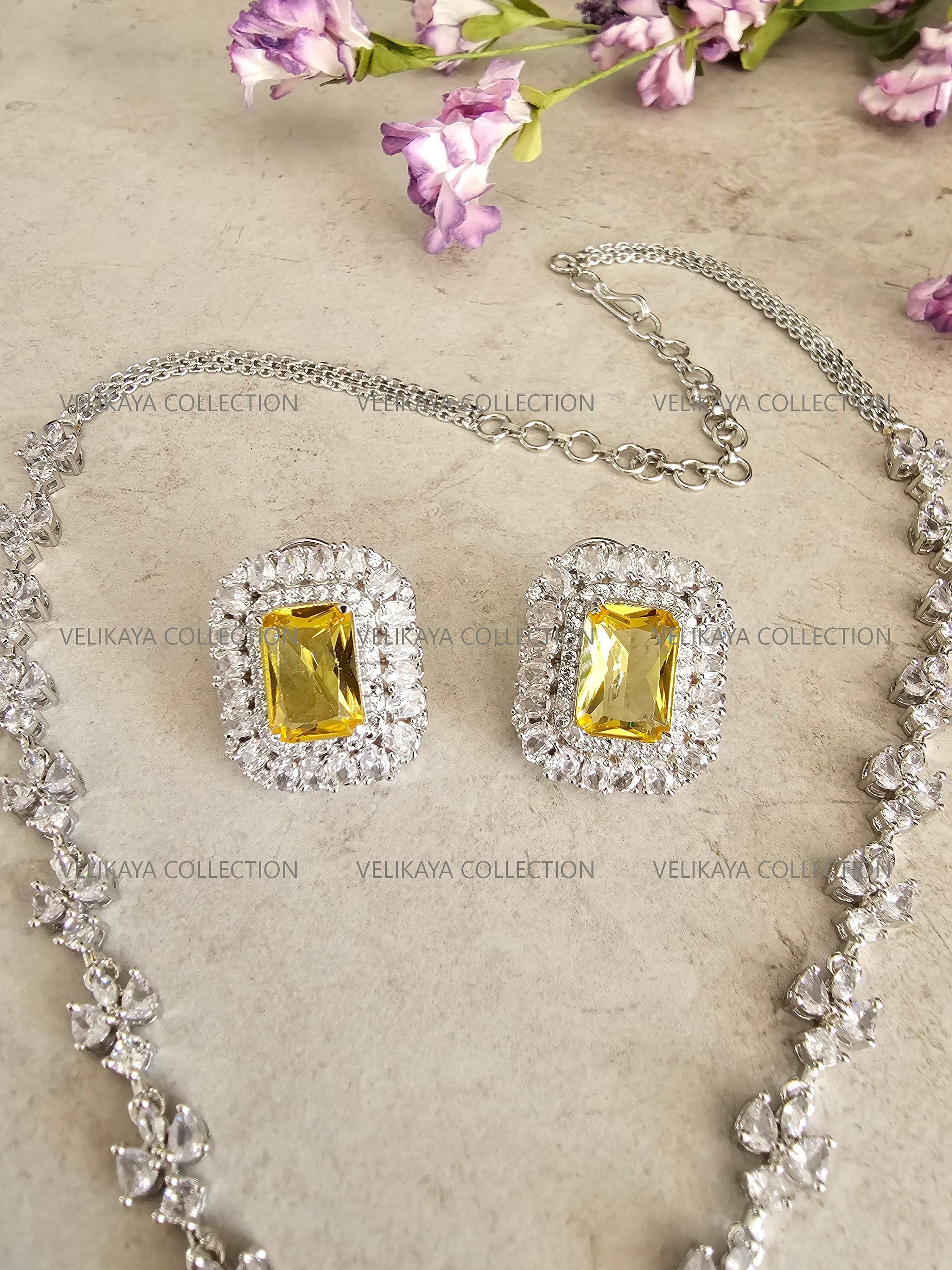 Helena CZ Diamond Yellow Pendant Necklace Set