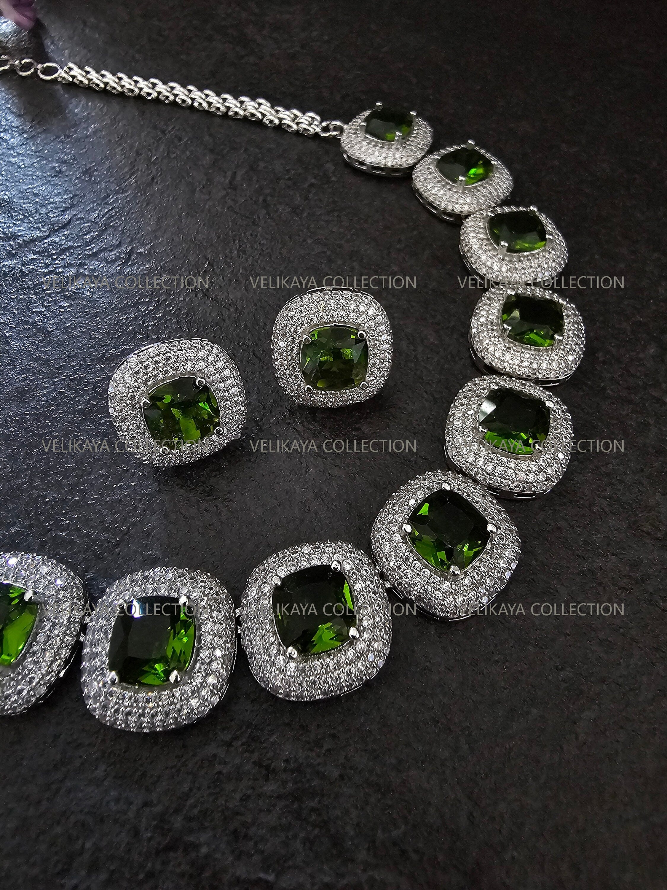 Milleni Peridot Green CZ Diamond Necklace Set