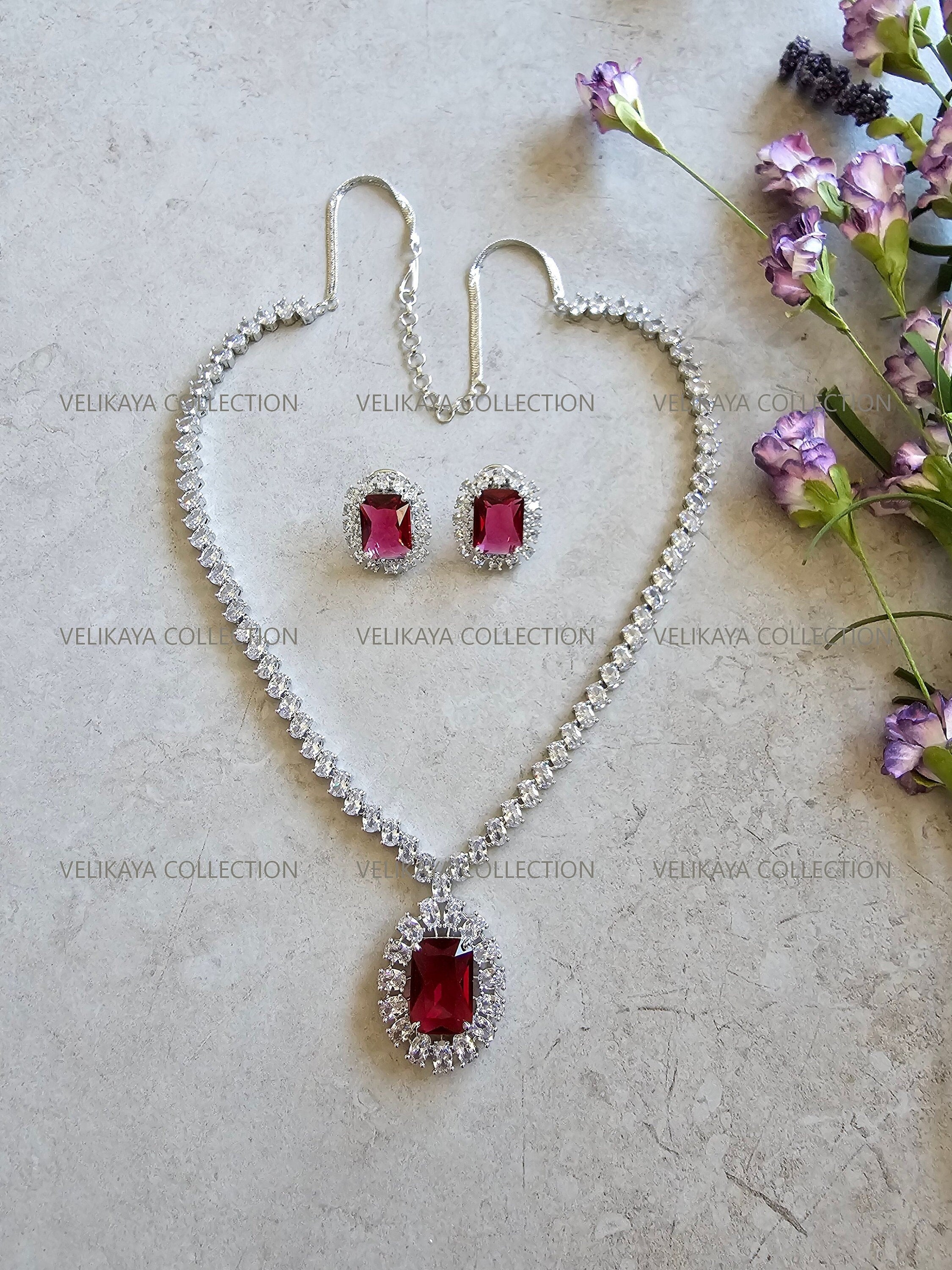 CZ Diamond Necklace Set. Silver Statement Necklace. Indian Wedding Jewelry. Pakistani Wedding Jewelry. Bollywood Jewelry. American Diamond Earrings. Statement CZ earrings. Crystal Necklace Set. American diamond wedding necklace.