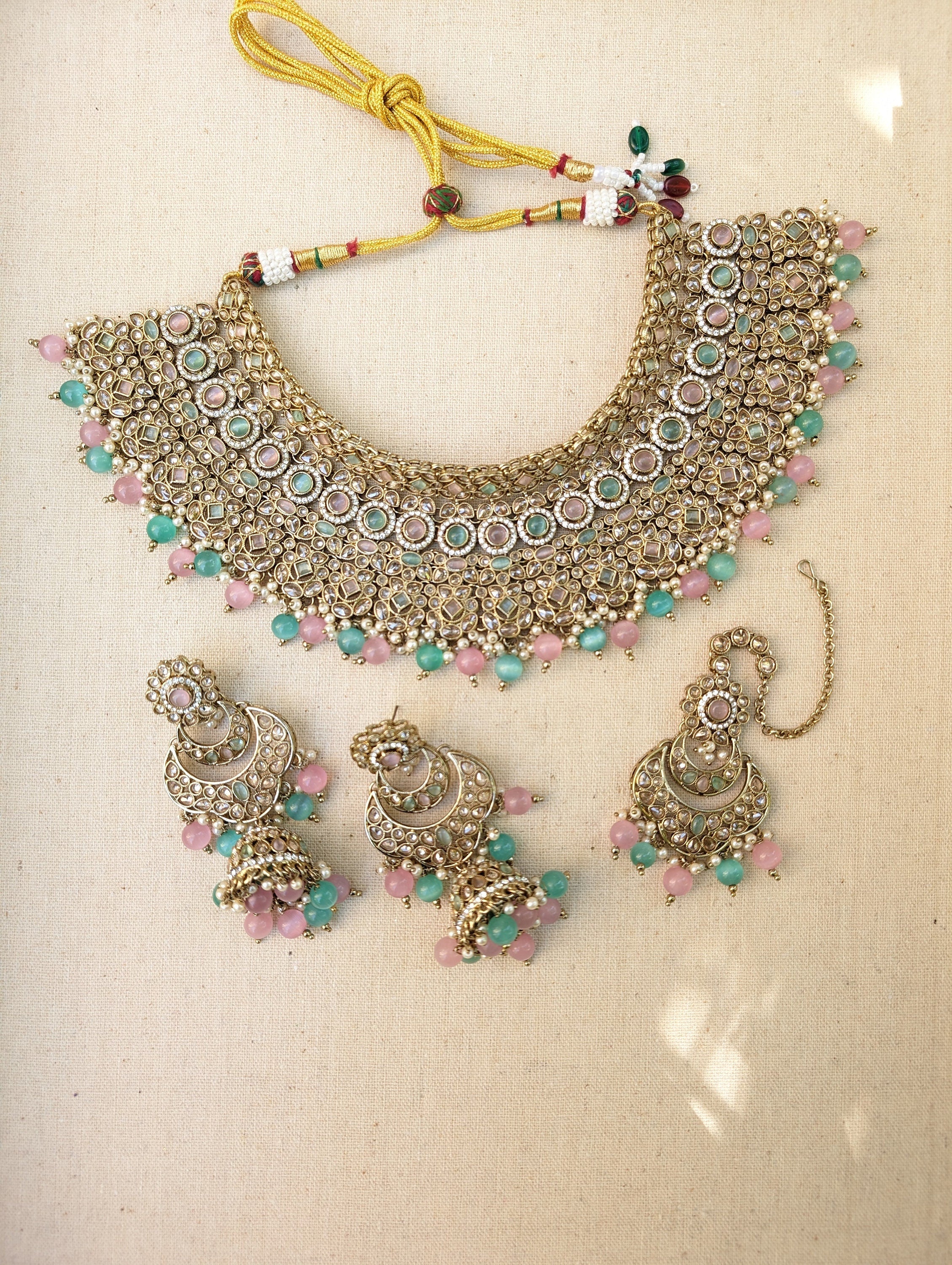 Nysa Pink Mint Bridal Necklace Jhumka Earrings Tikka