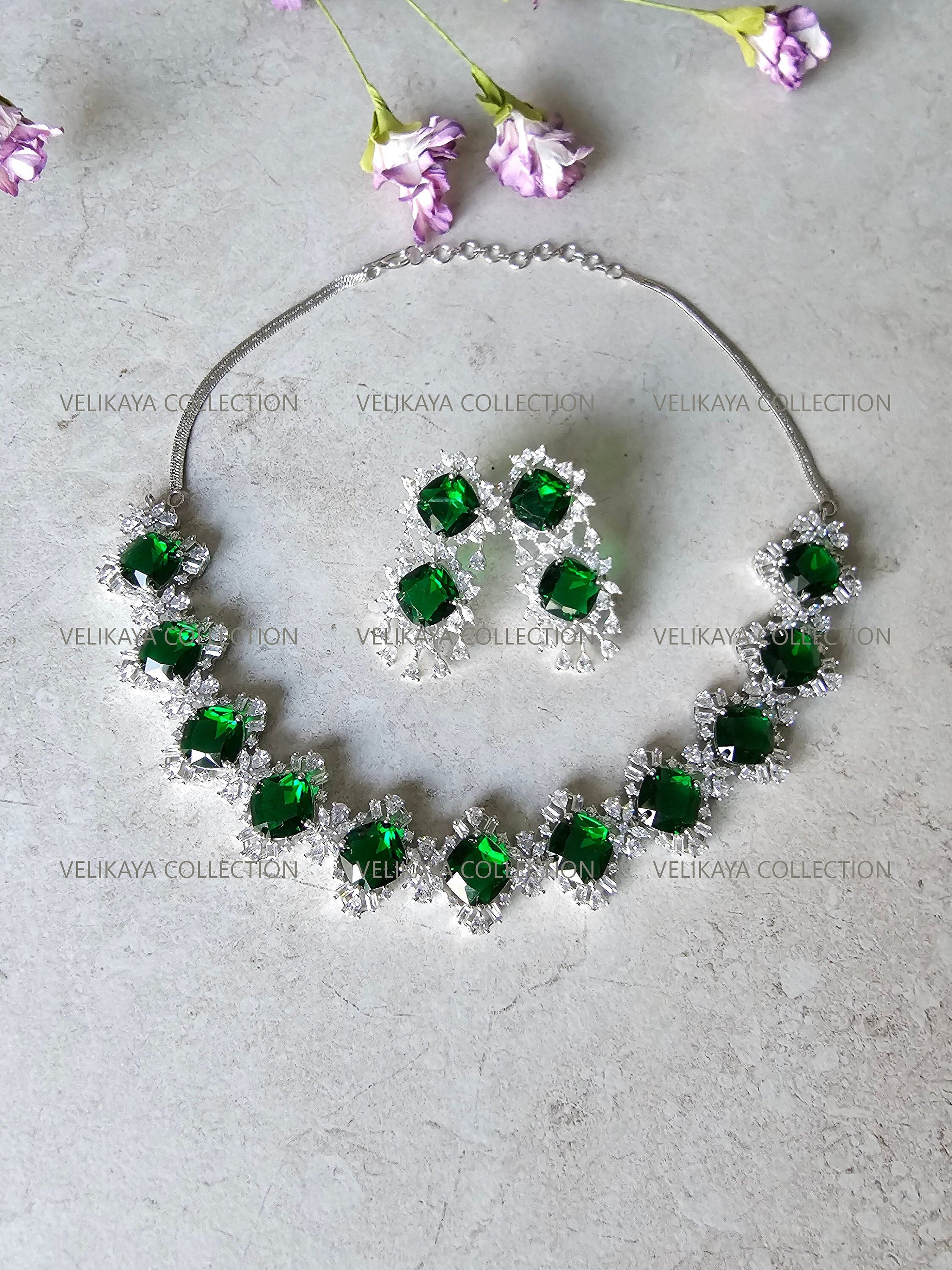 Victorian Emerald Halo Necklace & Earrings Set