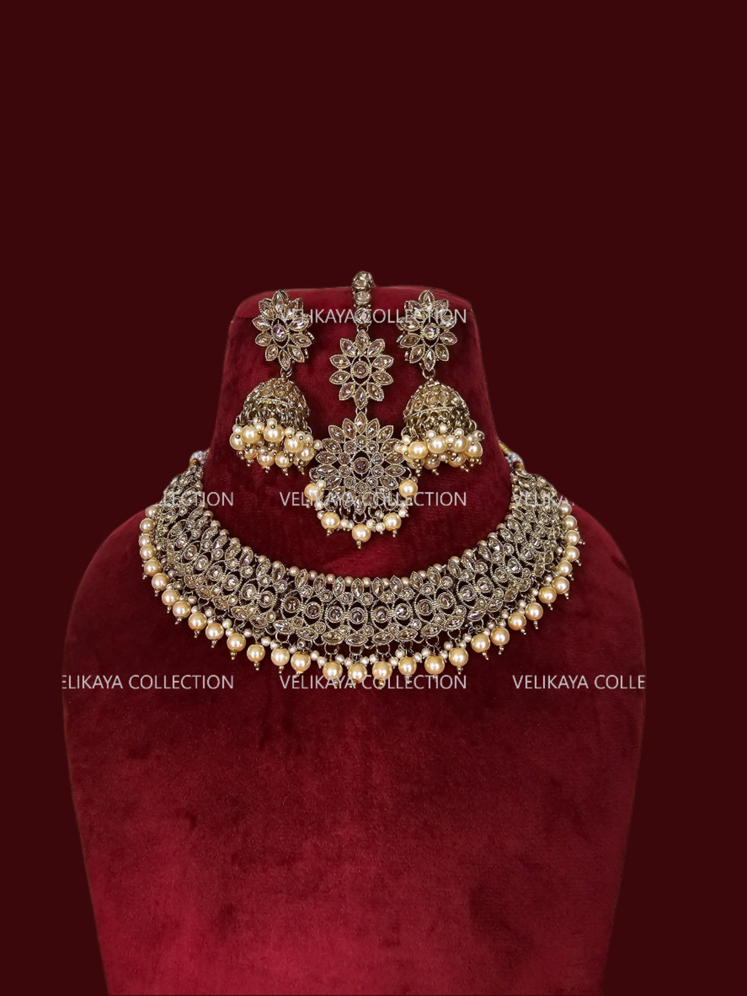 Misha Antique Polki Necklace with Jhumka Tikka
