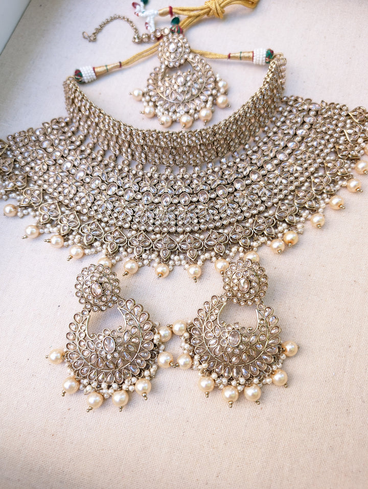 Champagne Bridal Necklace Jhumka Tikka Set