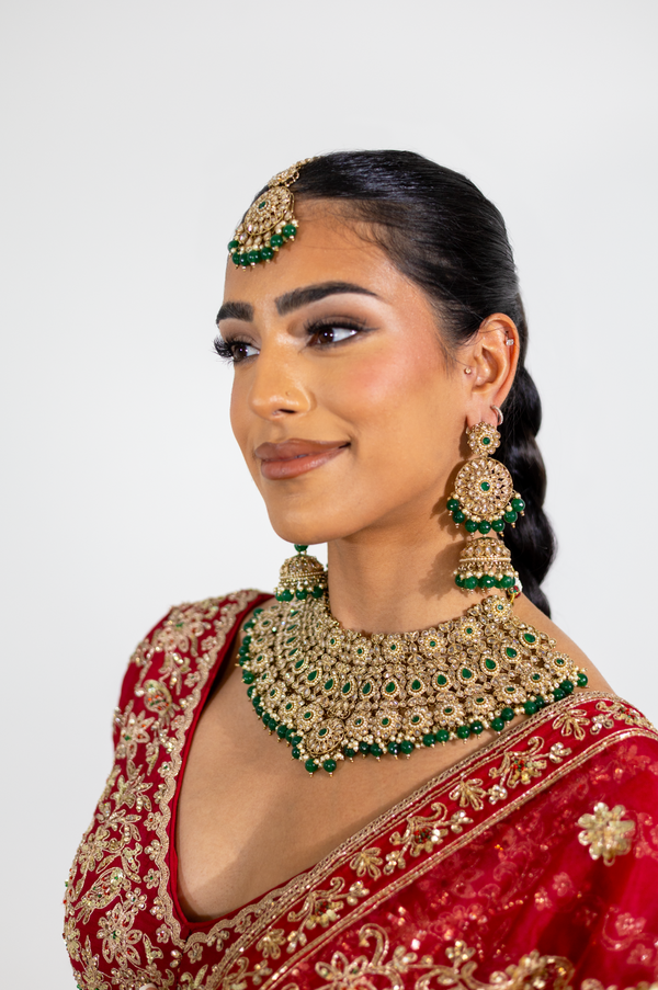 Jodha Emerald Green Choker Necklace Jhumkas & Tikka