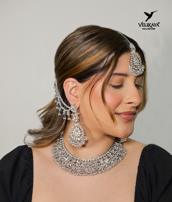 Ziya Silver Polki Necklace with long Chandbali Earrings and Tikka