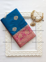 Load image into Gallery viewer, Blue Silk Saree with Gold Border and Blouse
