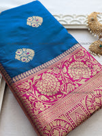 Load image into Gallery viewer, Blue Silk Saree with Gold Border and Blouse
