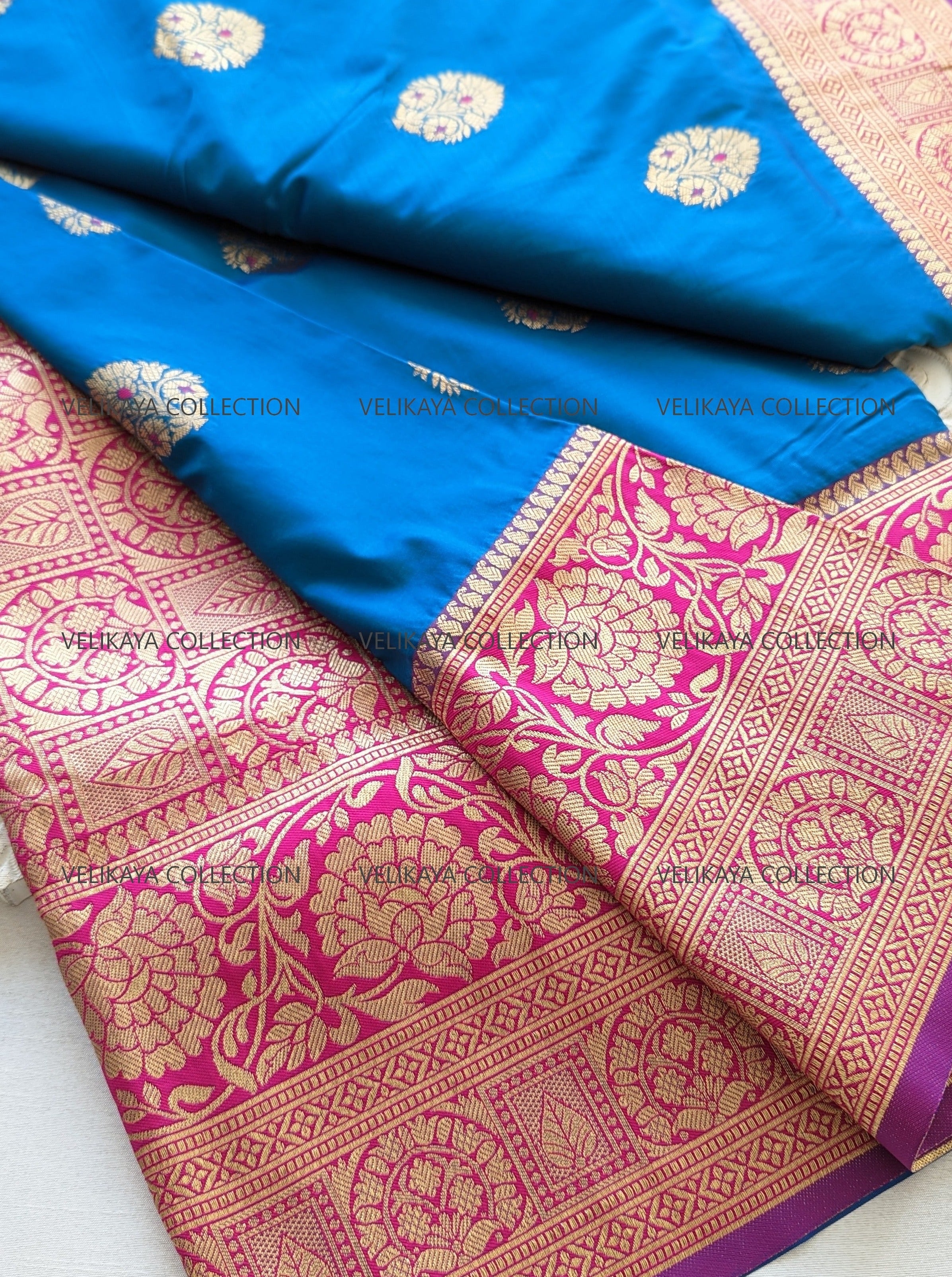 Blue Silk Saree with Gold Border and Blouse