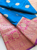 Load image into Gallery viewer, Blue Silk Saree with Gold Border and Blouse
