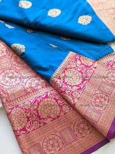 Blue Silk Saree with Gold Border and Blouse