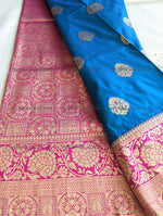 Load image into Gallery viewer, Blue Silk Saree with Gold Border and Blouse
