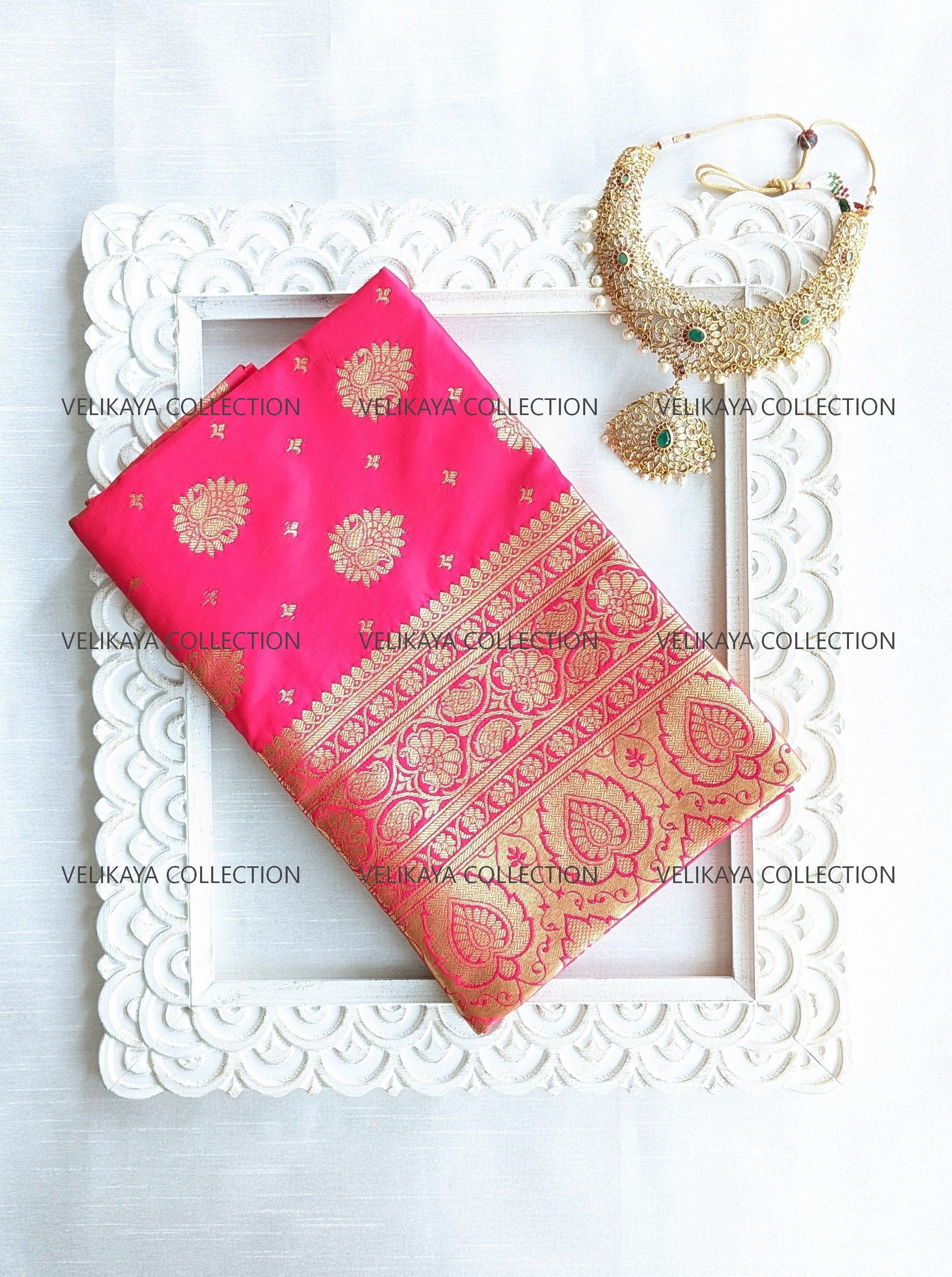 Pink Silk Saree with Gold Border