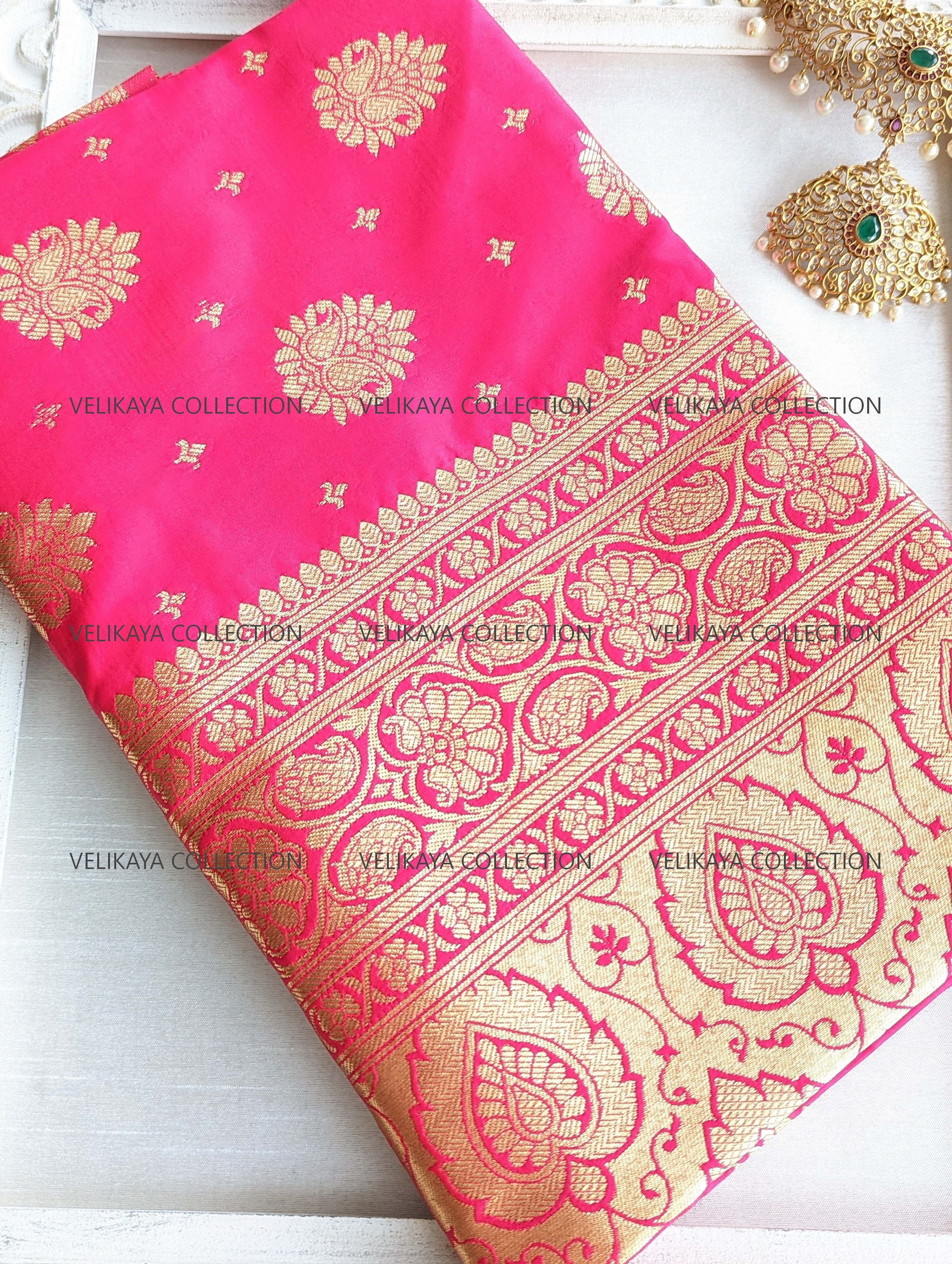 Pink Silk Saree with Gold Border