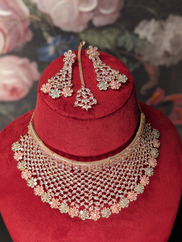 Rania Rose Gold Plated CZ Diamond Necklace Earrings Tikka - Mint & Pink