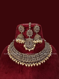 Adjustable polki necklace set with earrings & jhumka. Indian wedding jewelry, kundan jewelry & polki jewelry. Bollywood party wear necklace. Pakistani wedding jewelry. Perfect gift for women for weddings, reception, mehendi function, sangeet, haldi. Can wear with sarees, suits, lehenga and Indowestern dresses.