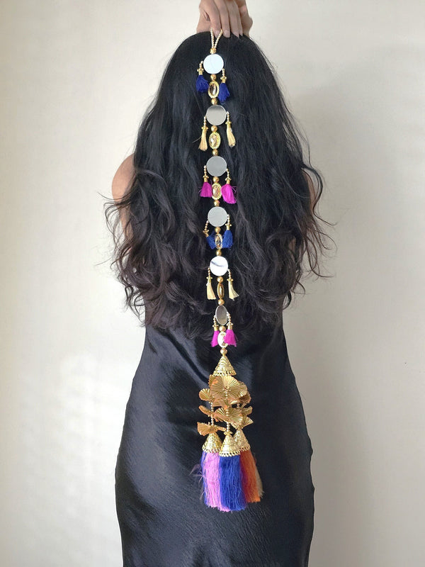 Traditional tassels & mirror paranda with intricate beadwork. A stunning hair accessory designed for Punjabi weddings and cultural celebrations.