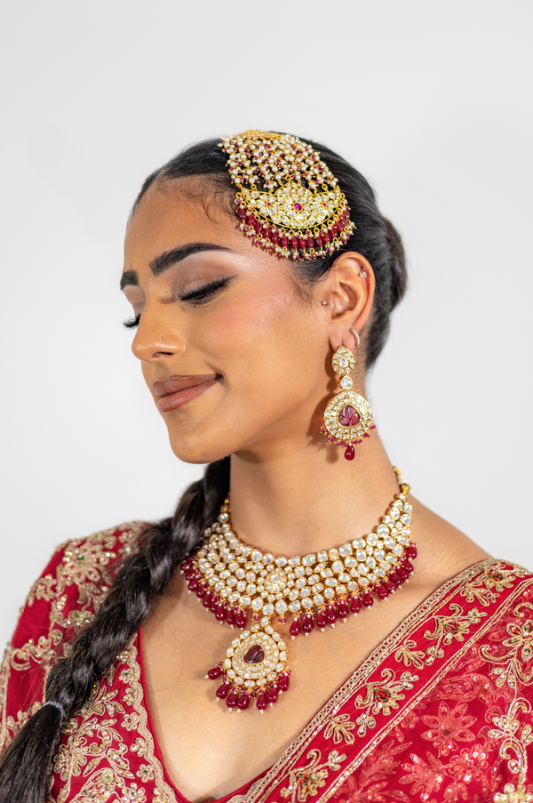 Meera - Gold Plated Uncut Kundan Polki Necklace with Statement Earrings