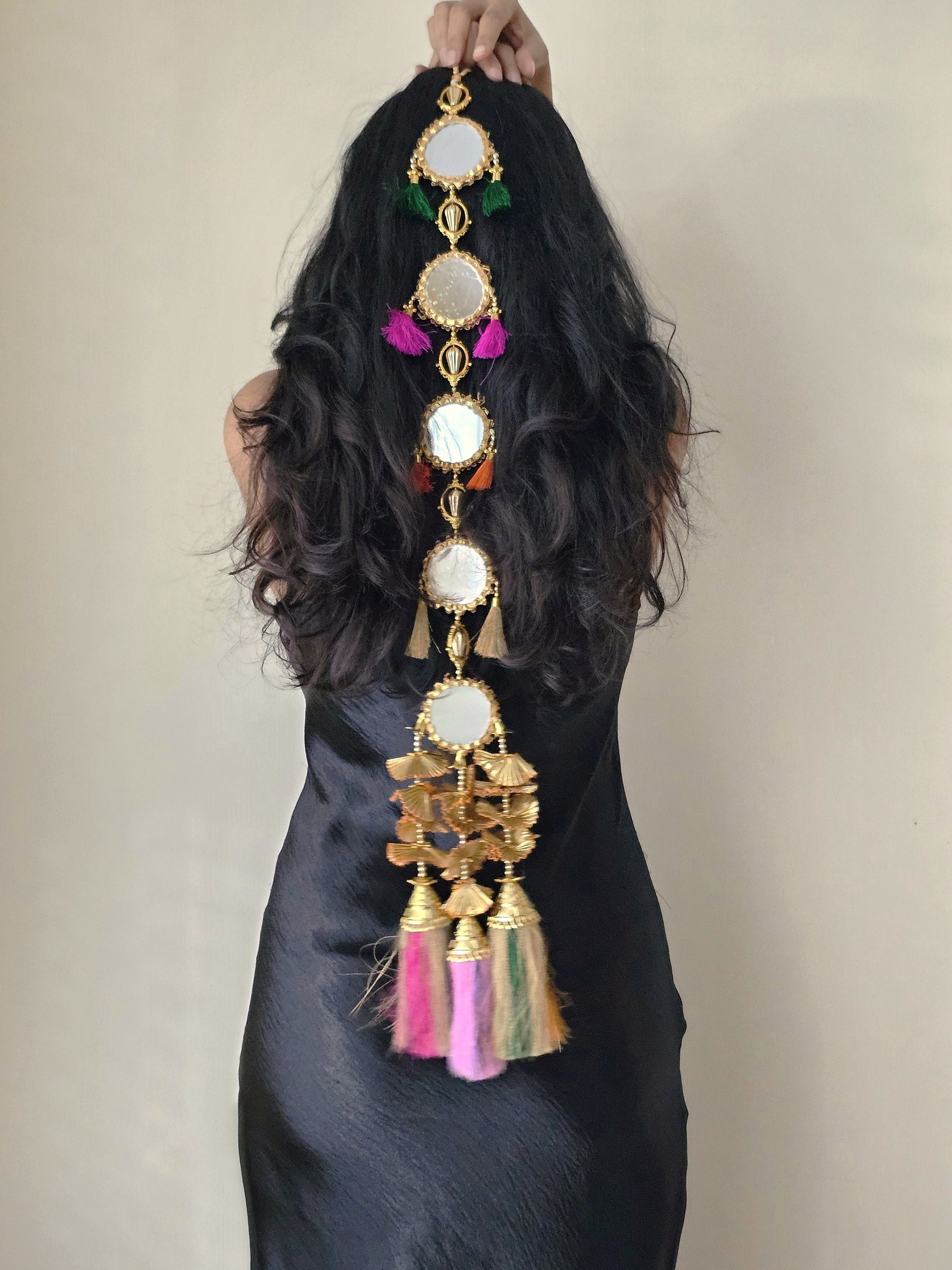 Traditional tassels & mirror paranda with intricate beadwork. A stunning hair accessory designed for Punjabi weddings and cultural celebrations.