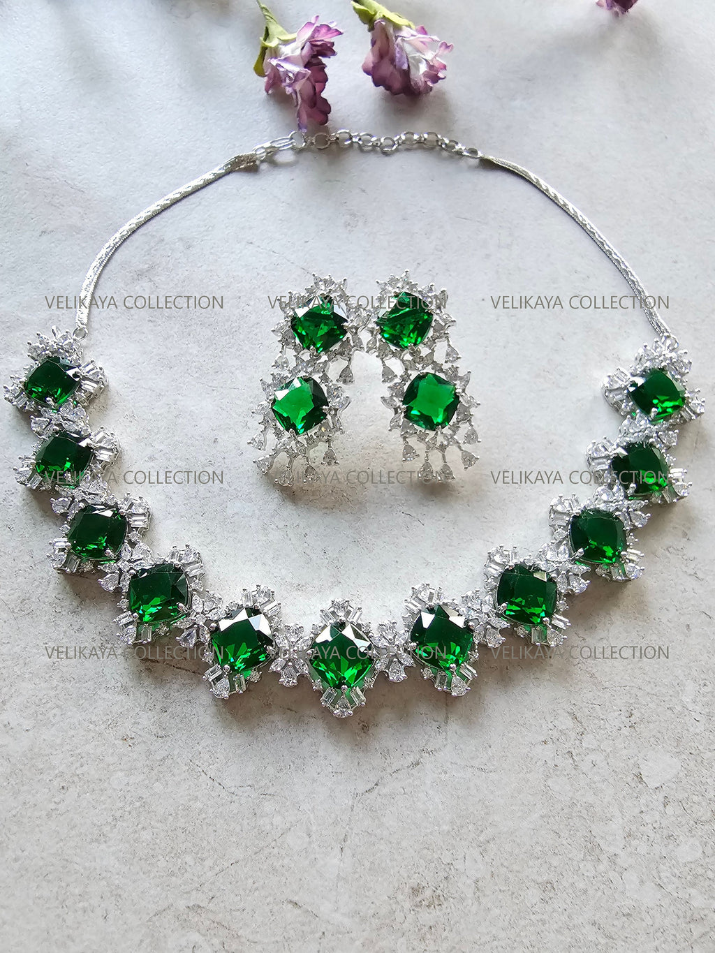 Victorian Emerald Halo Necklace & Earrings Set. Indian Jewelry. Swarovski Jewelry. Swarovski necklace set. Statement earrings. Swarovski Crystal Necklace Earrings.