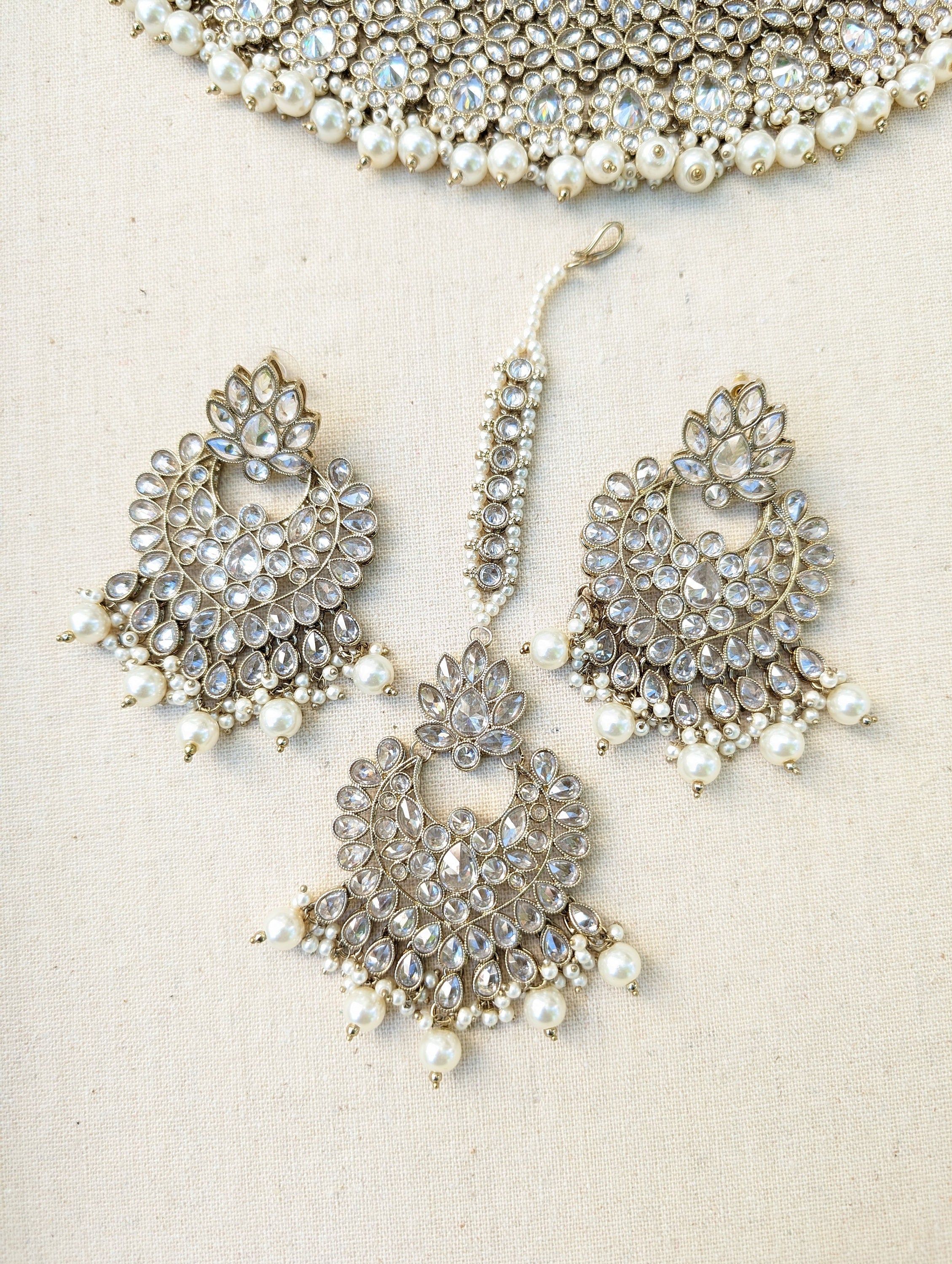 Nyka White Pakistani Bridal Necklace Chaandbali Tikka