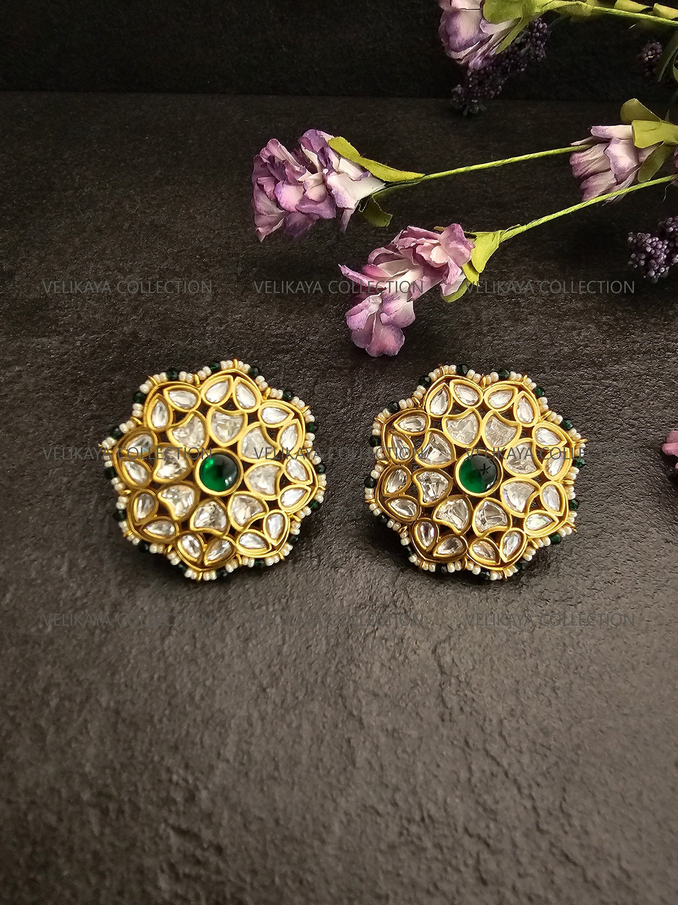 Deepika Emerald Kundan Studs Earrings