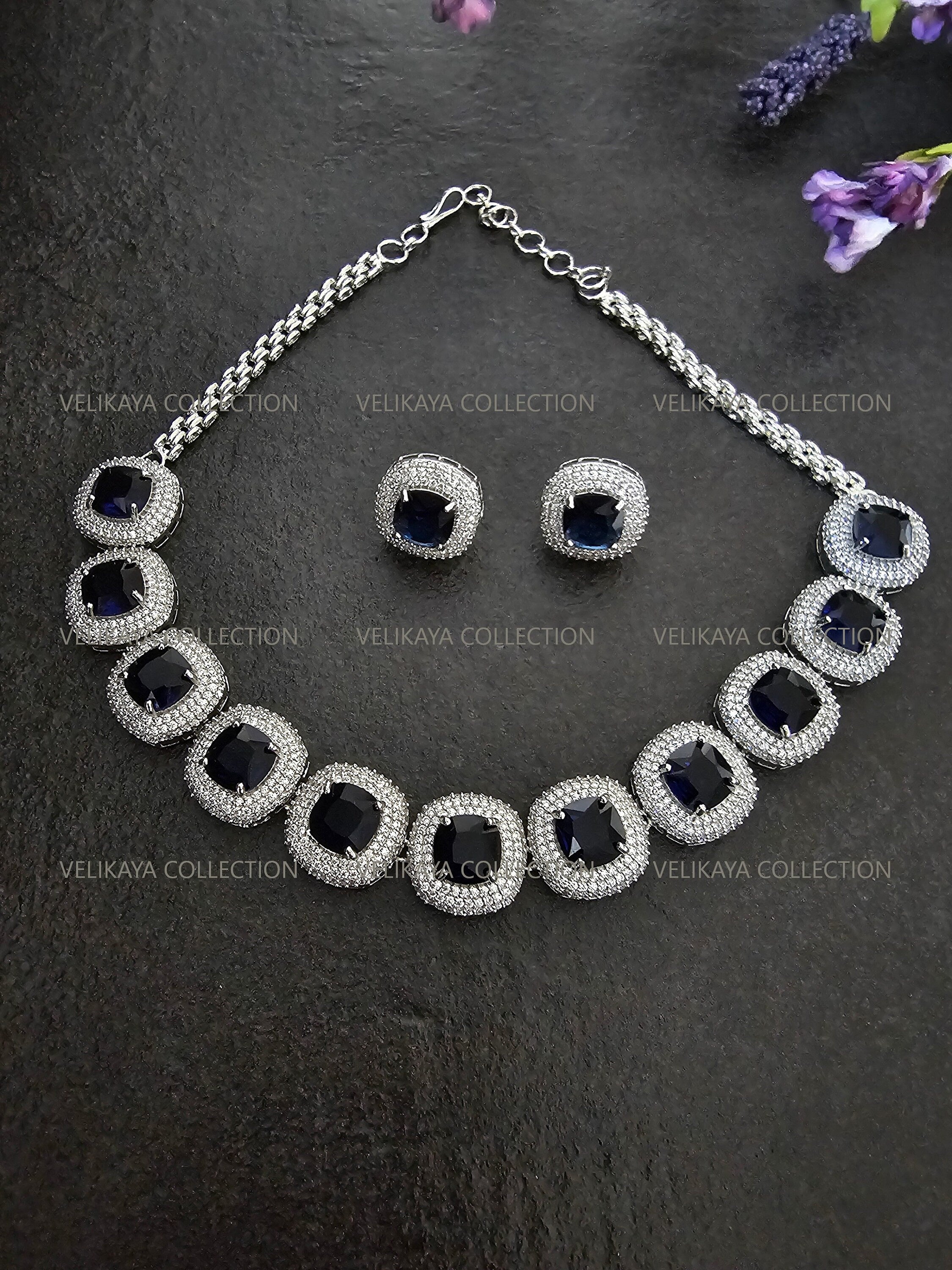 Milleni Sapphire Blue CZ Diamond Necklace Set